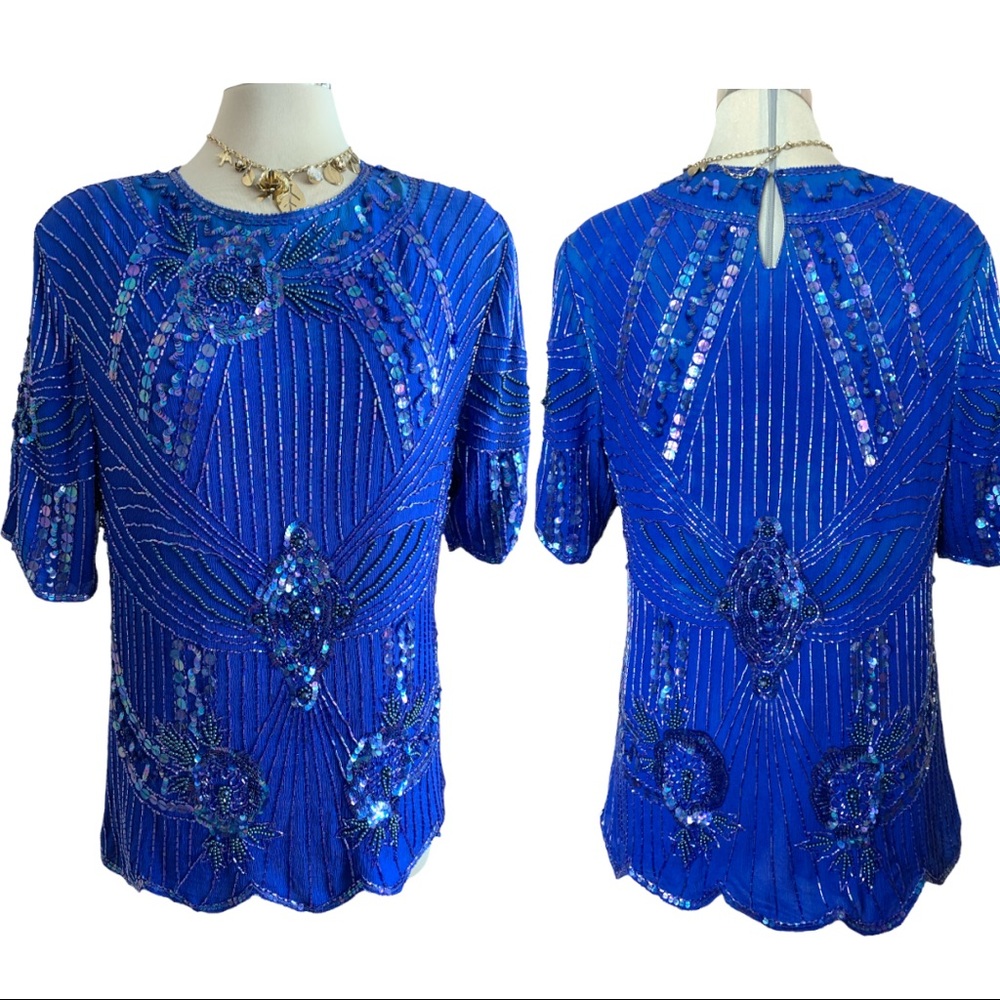 Vintage Andrea Collection Royal Blue Hand embellish beaded Top Size L